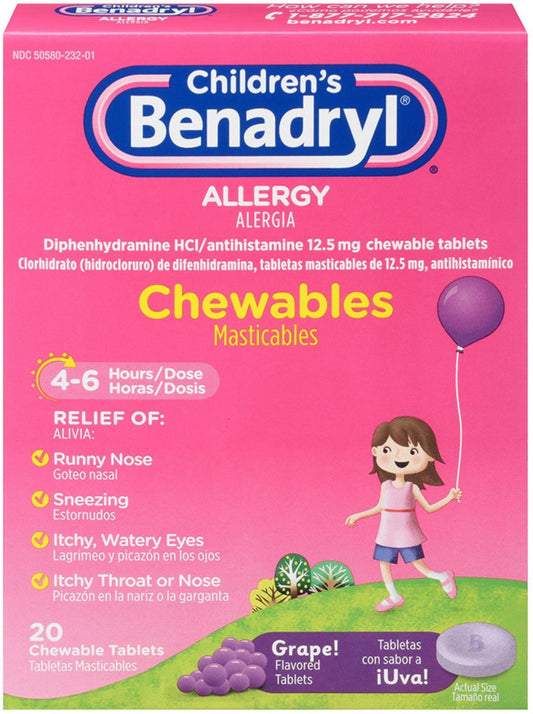 Benadryl Children's Allergy Chewable Tablets, Grape Flavored 20 ea (Pack of 4)