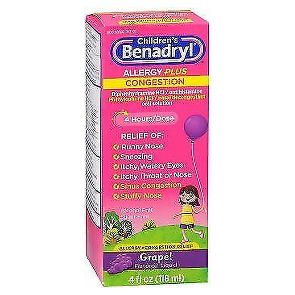 Benadryl Children's Allergy plus Congestion Liquid Grape Flavored - 4 oz, Pack of 6