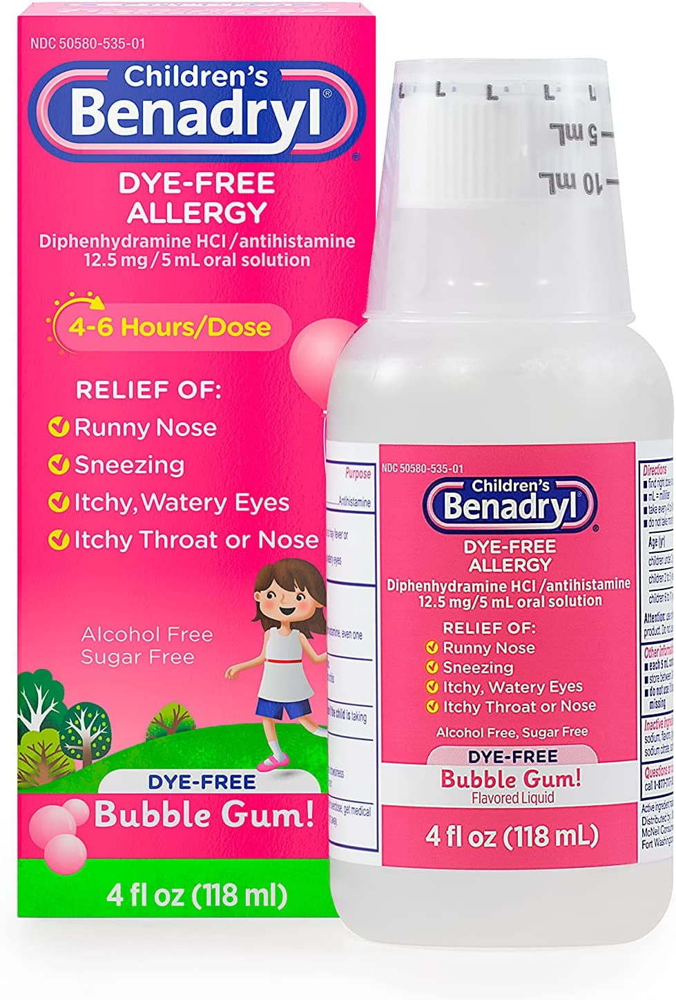 Benadryl Children's Dye-Free Allergy Liquid, Bubble Gum, 4 Oz, 2 Pack