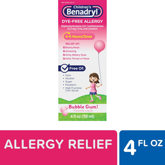 Benadryl Children's Dye-Free Allergy Liquid, Bubble Gum, 4 Oz, 3 Pack