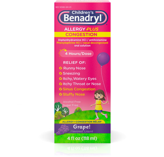 Benadryl-D Children's Allergy and Sinus Liquid Grape 4 oz (Pack of 2)