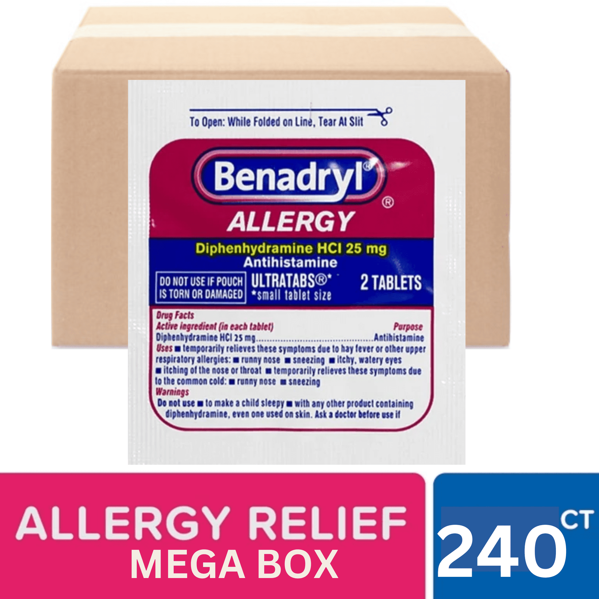 Benadryl Ultratabs Antihistamine Allergy Relief Medicine, 25 mg Diphenhydramine HCl Tablets for Relief of Cold & Allergy Symptoms 120 Packets 2 Tablets Per Packet 240 Tablet Count MEGA BOX