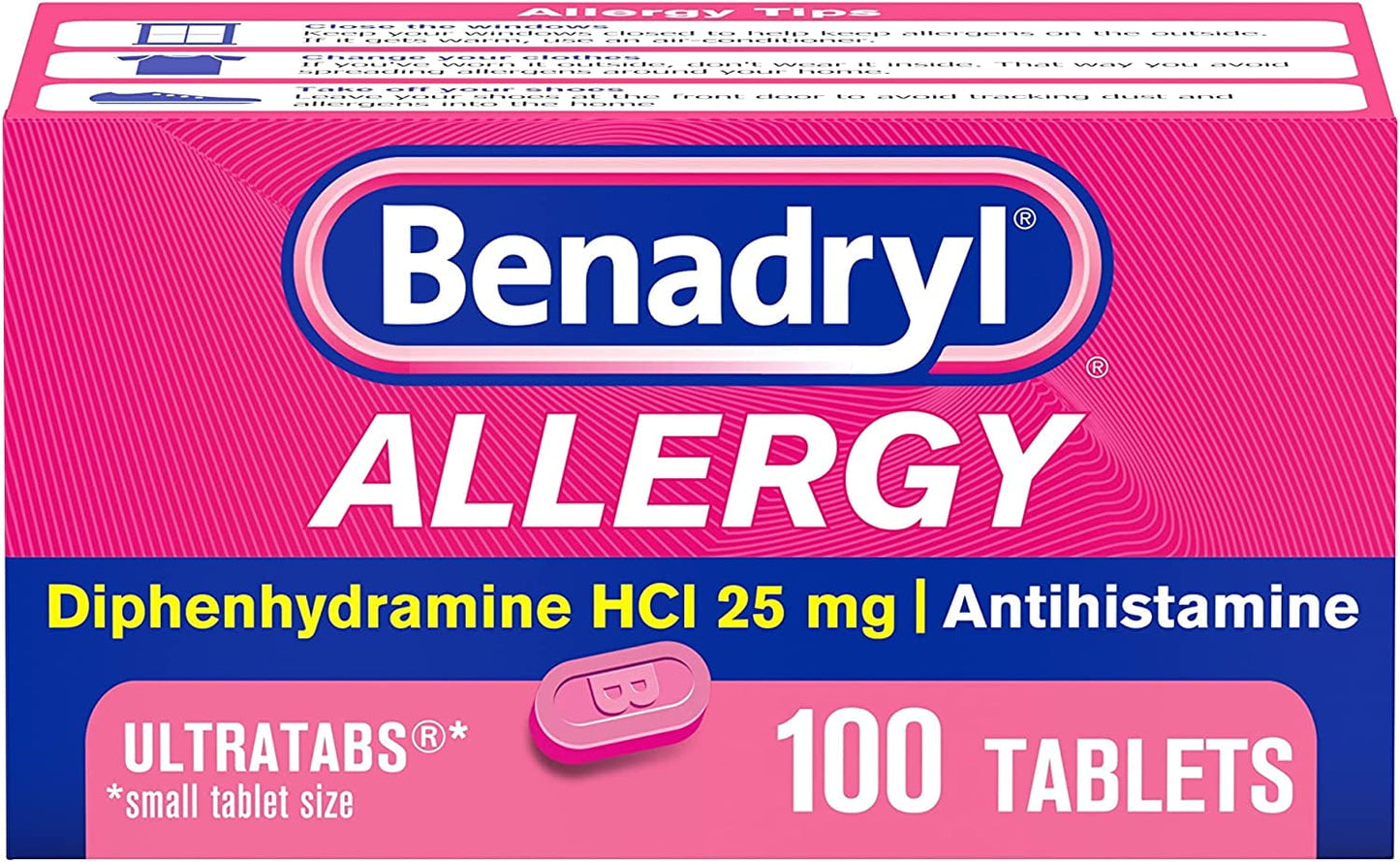 Benadryl Ultratabs Antihistamine Allergy Relief Medicine, Diphenhydramine HCl Tablets for Relief of Cold & Allergy Symptoms Such as Sneezing, Runny Nose, & Itchy Eyes & Throat, 100 ct