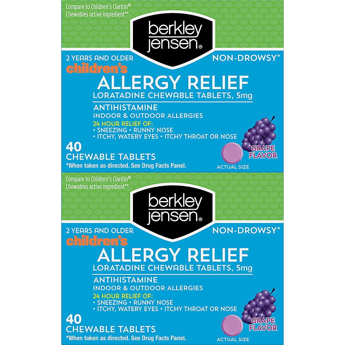 Berkley Jensen Children's Allergy Relief Loratadine Chewable Tablets with Grape Flavored, 5mg, 2 Pack of 40 ct ( Compare to Children's Claritin Chewables)