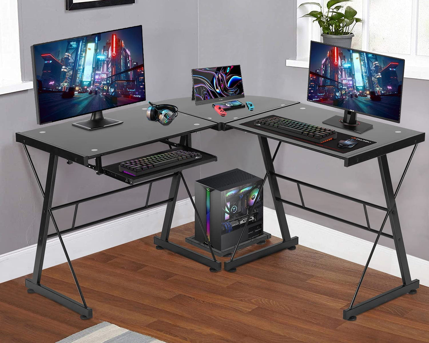 BestOffice L Shaped Computer Gaming Desk Toughened Glass Writing Study PC Modern with Keyboard,Easy to Assemble,Black