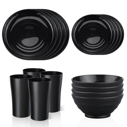 Bestdin Black Dinnerware Set for 4, 16 Pack Plastic BPA-Free Dinner Plates, Salad Plates, Cereal Bowls, Cups, Unbreakable Plates and Bowls Sets, Microwave and Dishwasher Safe