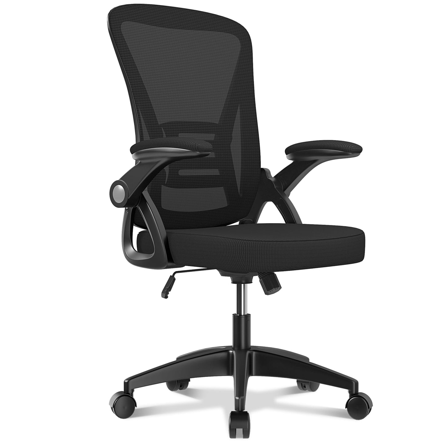 Bigzzia Ergonomic Computer Chair with Lumbar Support and Flip-up Arms and Adjustable Height, Mid-Back Mesh Desk Chair Adjustable with 360°-Swivel Seat and Wheels,White