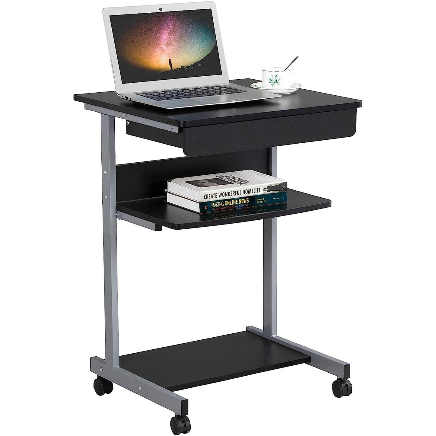 Bilot Mobile Compact Computer Desk Cart for Small Spaces, Work Workstation, Writing Desk Table with Drawers and Printer Shelf on Wheels