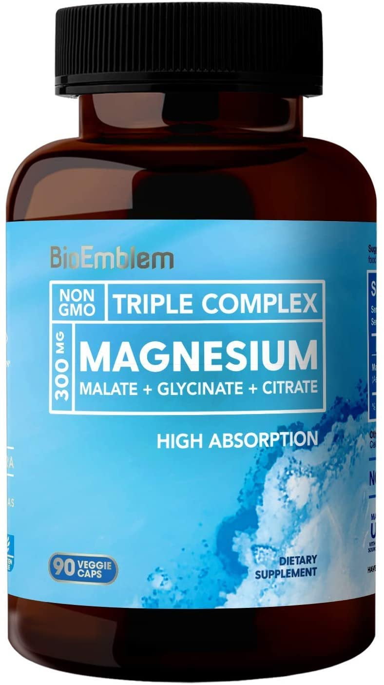 BioEmblem Triple Magnesium Complex | 300mg of Magnesium Glycinate, Malate,  Citrate for Muscles, Nerves,  Energy | High Absorption | Vegan, Non-GMO | 90 Capsules