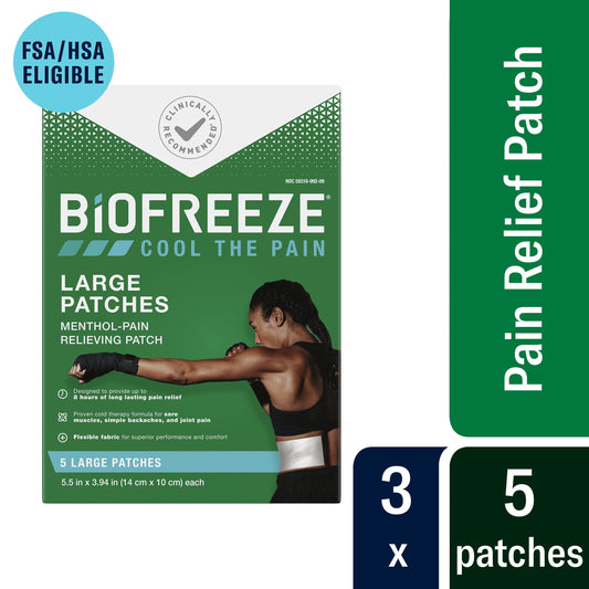 Biofreeze Menthol Pain Relieving Patches (5 Patches Per Box, Pack Of 3) Up To 8 Hours Of Pain Relief From Sore Muscles, Arthritis, Backaches, Spains, Bruises, Strains And Joint Pain (Package May Vary)