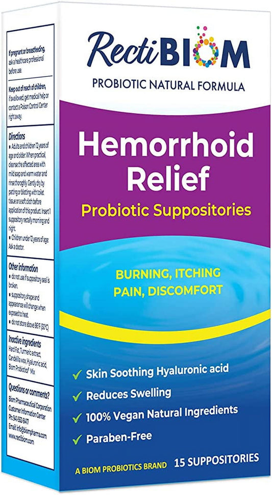 Biom Probiotics Rectibiom Hemorrhoid Relief Probiotic Suppositories Hyaluronic Turmeric Extract 15ct