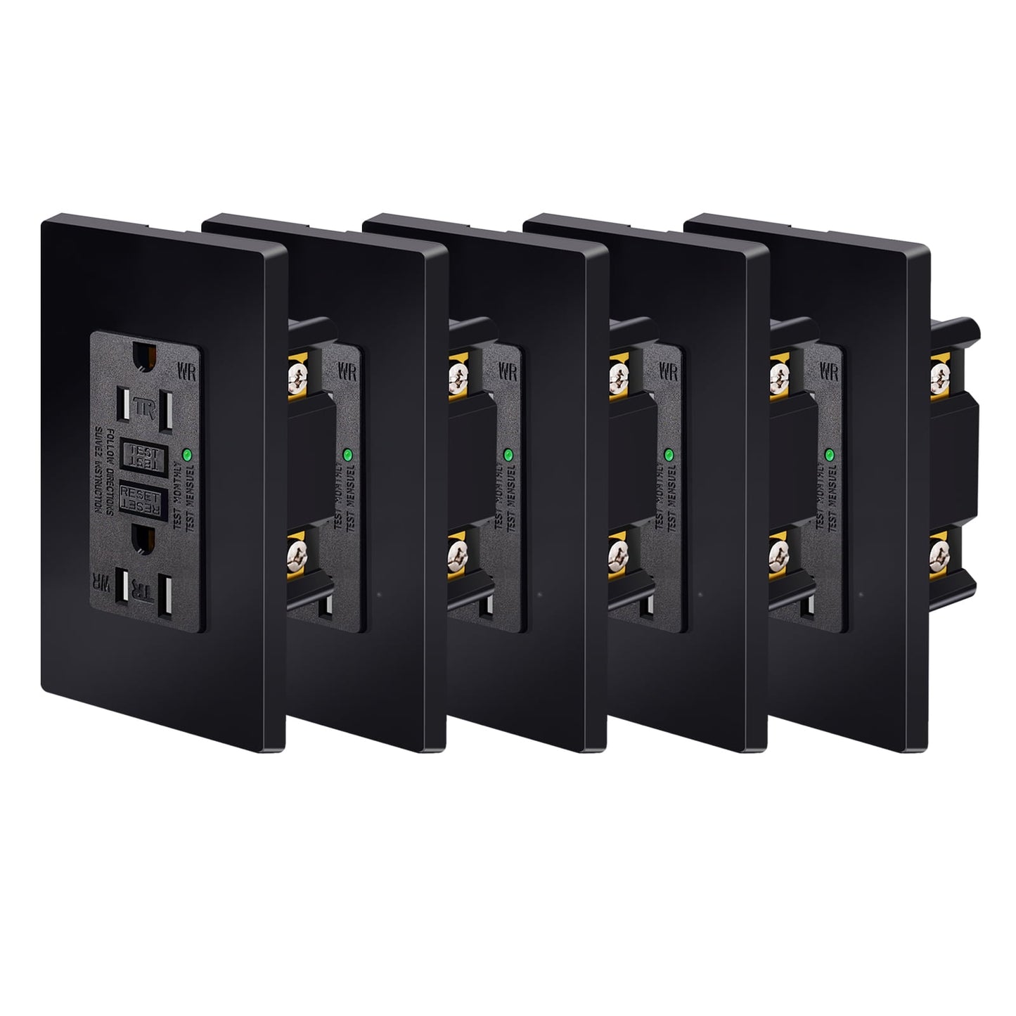 Black GFCI Outlet 15Amp 5PK,Nineleaf Black Outlets Receptacles,GFI Electrical Outlet with LED Indicator,Weather Resistant WR,Ground Fault Circuit Interrupters,120V,Wall Plates and Screws Included,ETL