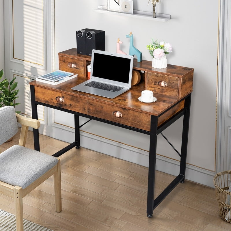 Black Steel Frame Particle Board 4 Drawers Computer Desk