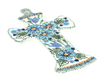 Blue Rose Polish Pottery Mosaic Flower Cross