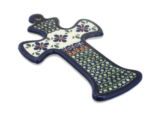 Blue Rose Polish Pottery Mosaic Flower Cross