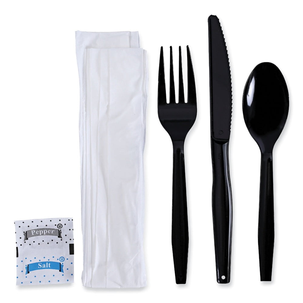 Boardwalk BWKFKTNSMWPSBLA 6-Piece Condiment/Fork/Knife/Napkin/Teaspoon Cutlery Kit - Black (250/Carton)