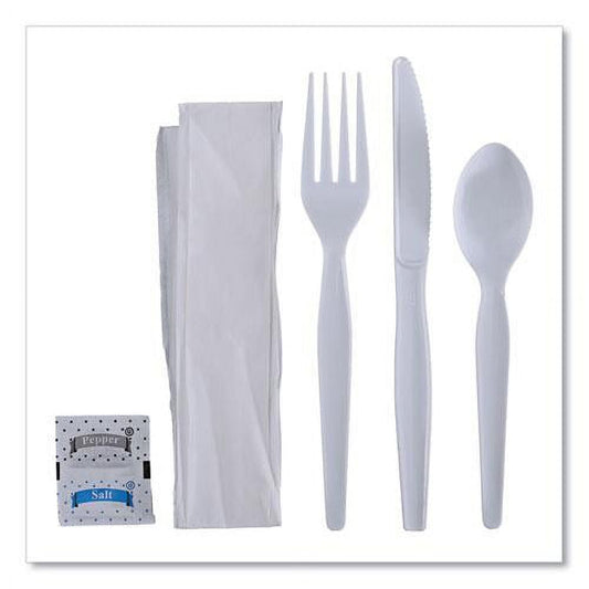 Boardwalk Six-Piece Cutlery Kit, Condiment/Fork/Knife/Napkin/Spoon, Heavyweight, White, 250/Carton