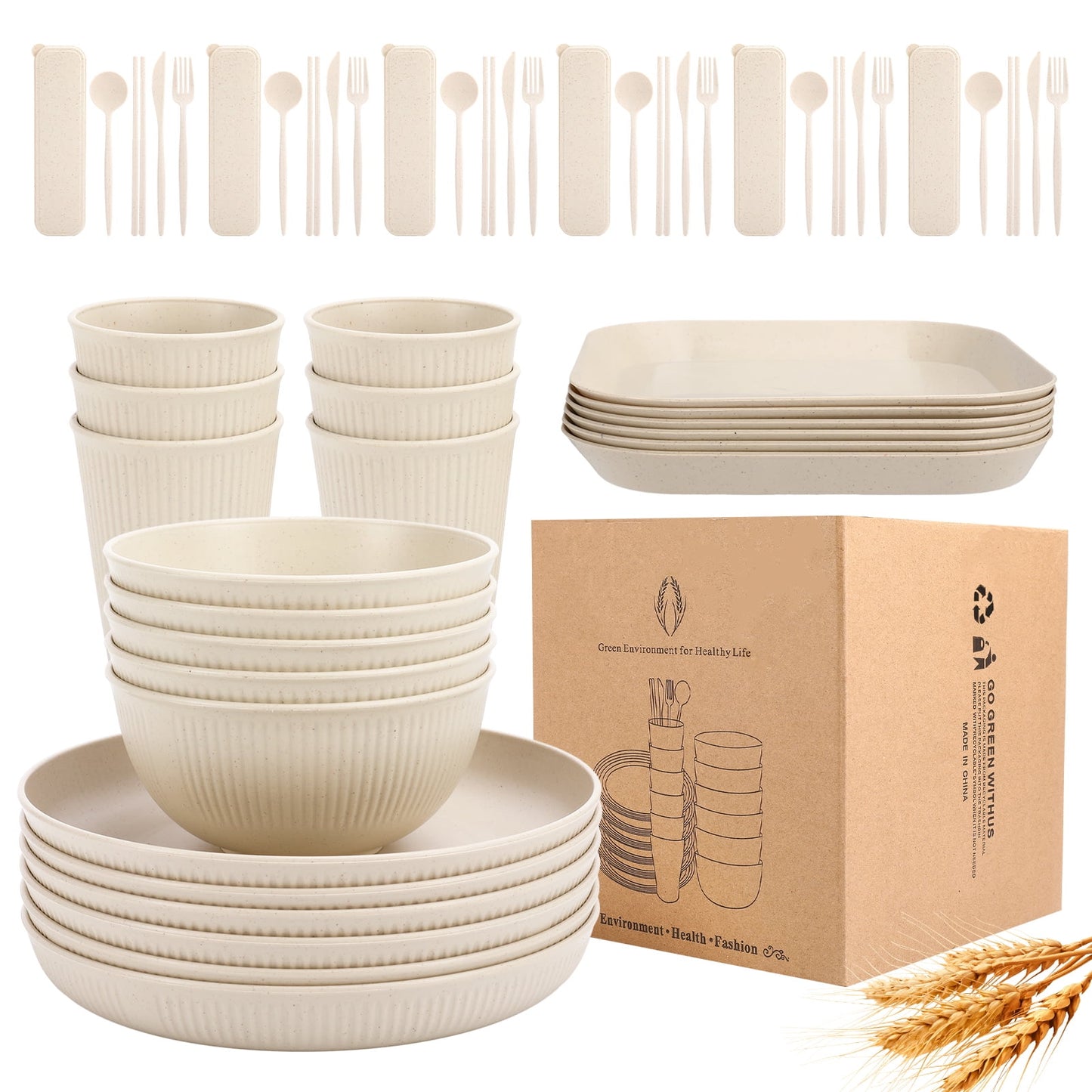 Bocaoying 54 PCS Wheat Straw Dinnerware Sets, Unbreakable Dinnerware Set - Eco Friendly Kitchen Cups Plates and Bowls Sets for RV Outdoor Camping, Dishwasher Microwave Safe, Service for 6