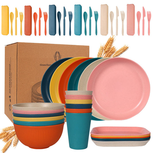 Bocaoying Wheat Straw Dinnerware Sets, 54 Pieces Unbreakable Dinnerware Sets for 6 People, Reusable Wheat Straw Plates and Bowls Sets, Lightweight Travel Picnic Home Party Camping Cutlery Set