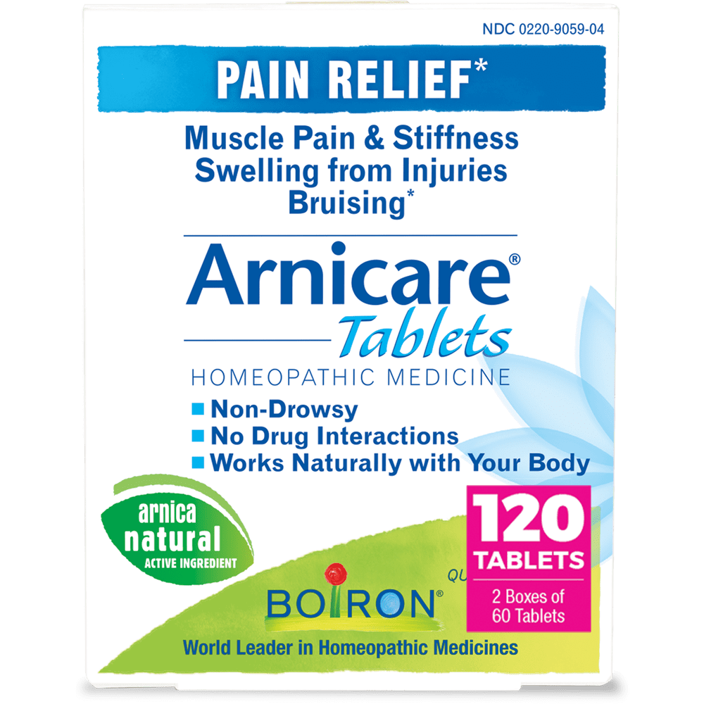 Boiron Arnicare Tablets, Homeopathic Medicine for Pain Relief, Muscle Pain & Stiffness, Swelling from Injuries, Bruising, 2 x 60 Tablets Twin Pack