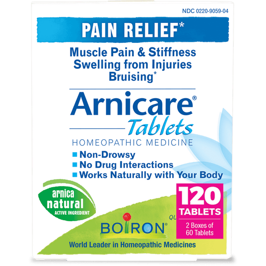 Boiron Arnicare Tablets, Homeopathic Medicine for Pain Relief, Muscle Pain & Stiffness, Swelling from Injuries, Bruising, 2 x 60 Tablets Twin Pack