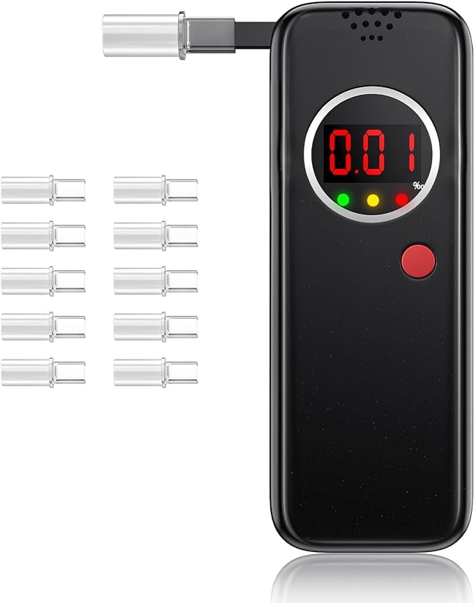 Breathalyzer, Portable Alcohol Breathalyzer with LCD Display, Professional Grade Accuracy Alcohol Breathalyzer with 10 Mouthpieces for Home or Party Use (Black)