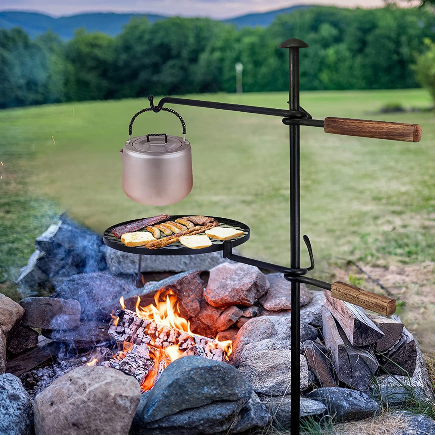 BreeRainz Swivel Campfire Grill, 360° Adjustable Camp Grill Over Fire Pit Grill Camping Outdoor BBQ