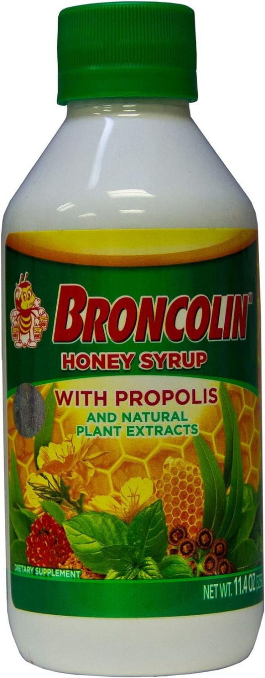 Broncolin Honey Syrup with Propolis, Syrup with Natural Plant extracts to Refresh Your Throat, Natural Ingredients, Elderberry, Eucalyptus, Peppermint Oil, 11.4 Oz, Bottle