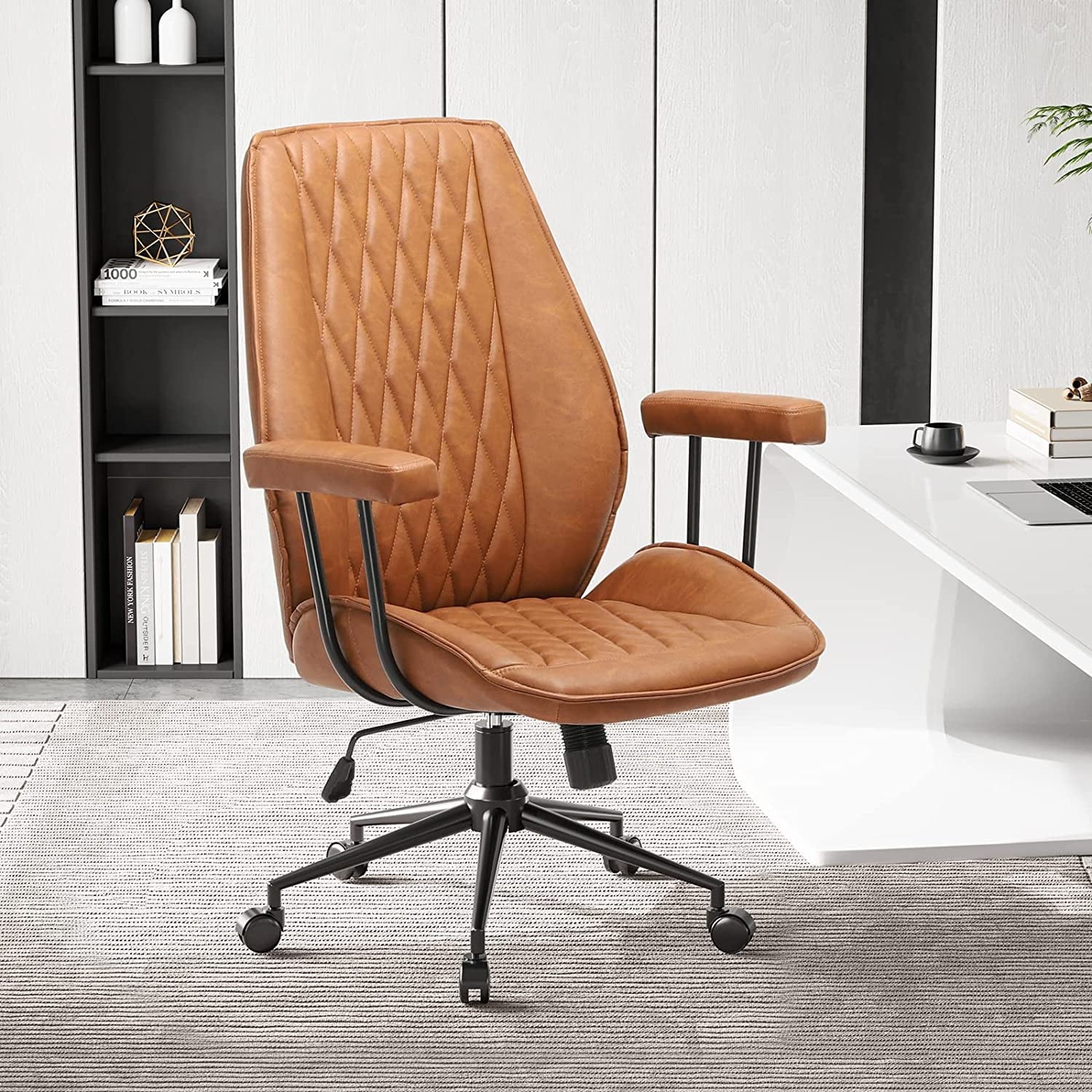 Brown Home Office Chair with Removable Armrest, Ergonomic Leather Computer Desk Chair Mid Back Swivel Task Chair for Home Office, Max 400lbs