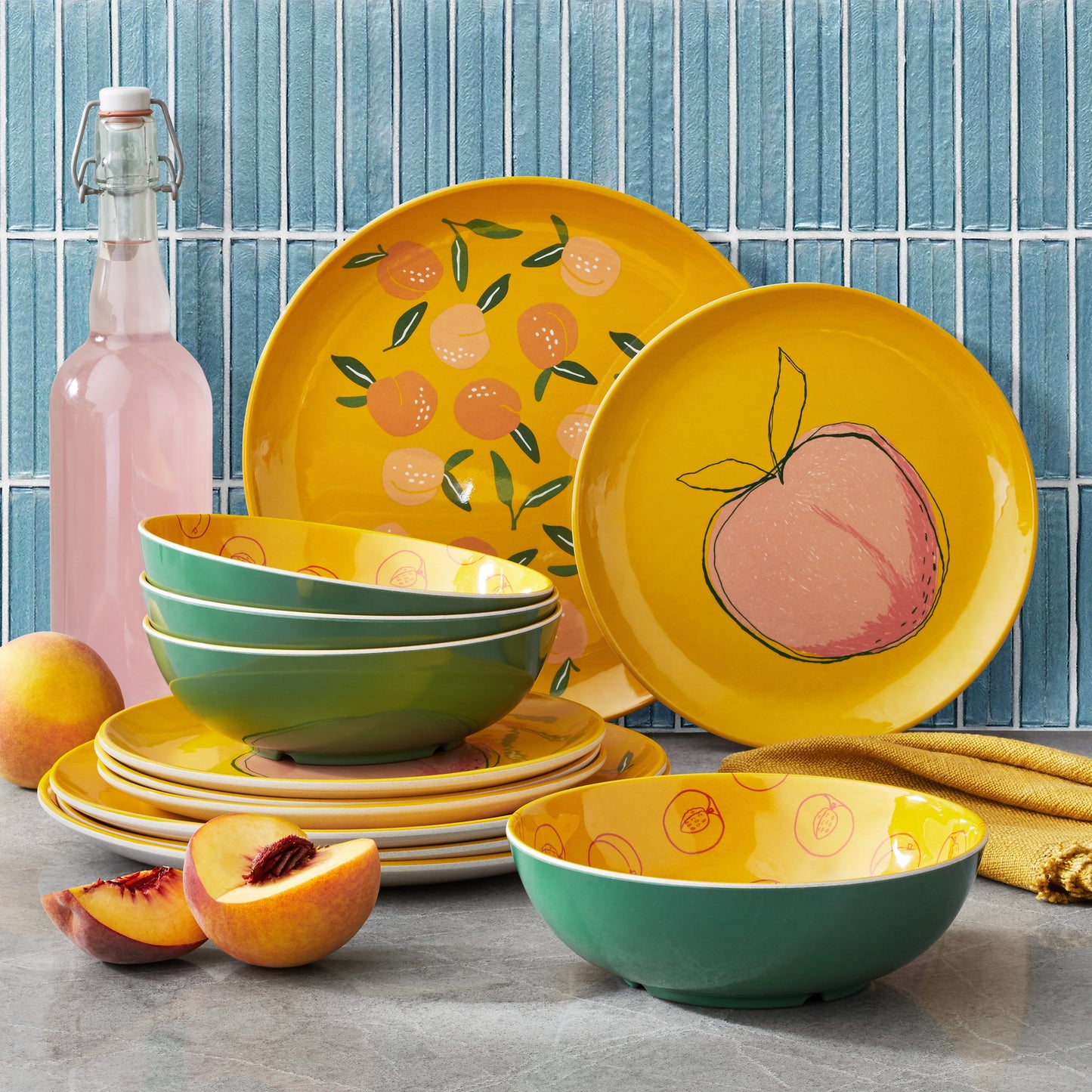 Buenisimo 12-Piece Bamboo Melamine Dinnerware Set, Yellow Peach