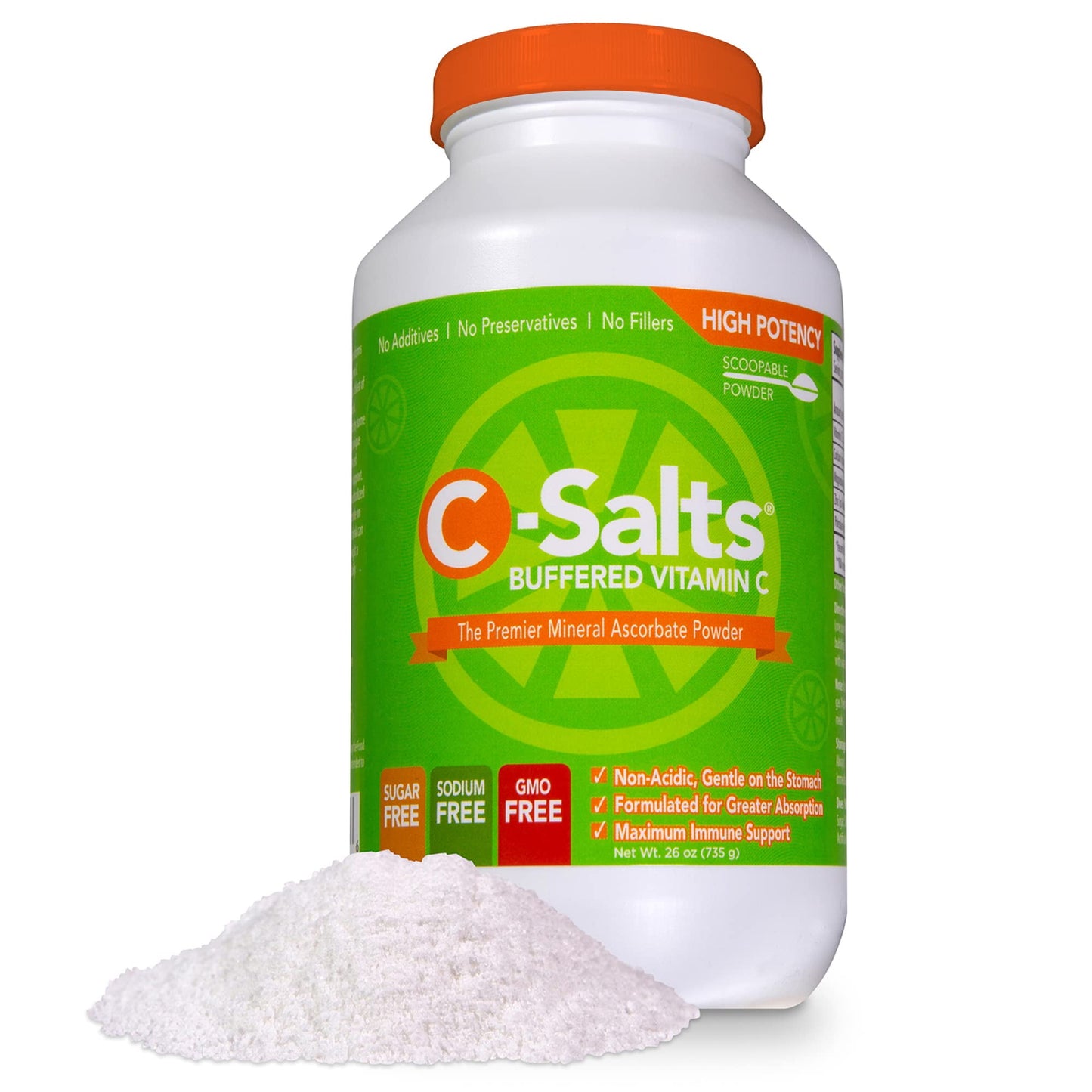 C-Salts Buffered Vitamin C Powder 4000mg, High Dose Ascorbate for Sensitive Stomachs, Healthy Daily Immune Support Drink Mix, Corn Free, Non GMO, No Sugar, Sodium, Fillers Or Artificial Flavors 26oz