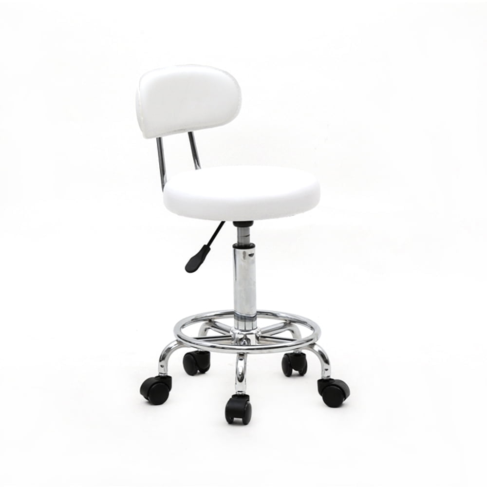 CAIHONG Height Adjustable Rolling Swivel Salon Stool, PU Leather Hydraulic Ergonomic Chair with Backrest Wheels for Office Work Tattoo Massage Facial Spa Manicure Dentist Clinic, White