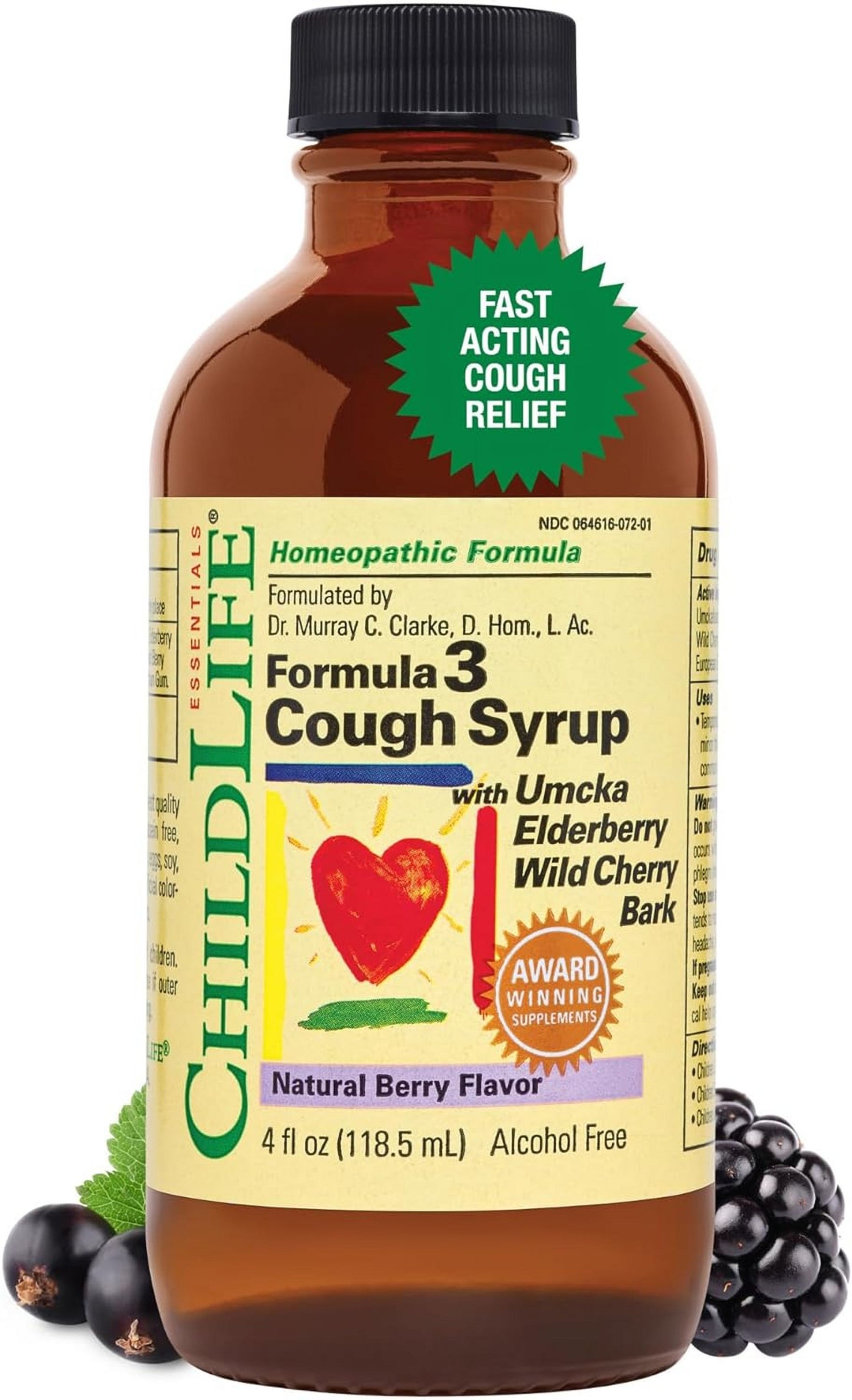 CHILDLIFE ESSENTIALS Formula 3 Kids Cough Syrup - Cough Medicine for Kids 2-11, Children's Cough Medicine, Kids Medicine with Umcka, Elderberry & Wild Cherry Bark, Gluten Free - Na