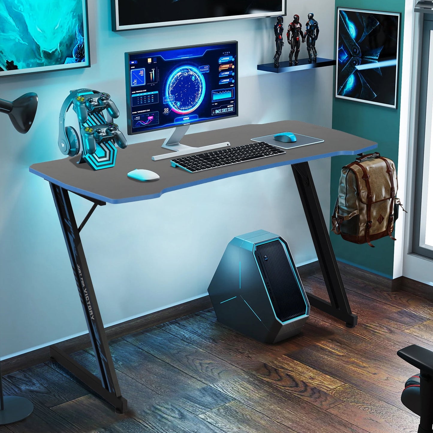 CL.HPAHKL 48 Inch Gaming Desk Computer Table, Ergonomic Home Office Desk Z Shape PC Gaming Desk, Gaming Desk with Headphone Hook, Modern Minimalist Gaming Desk（Blue）