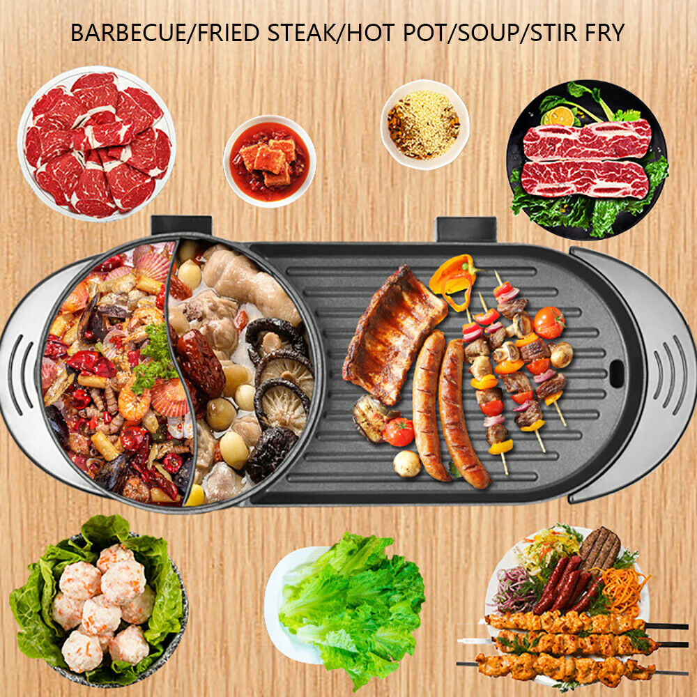 CNCEST 2 In 1 Hot Pot BBQ Grill Portable Electric Non-stick Teppanyaki Pan Soup