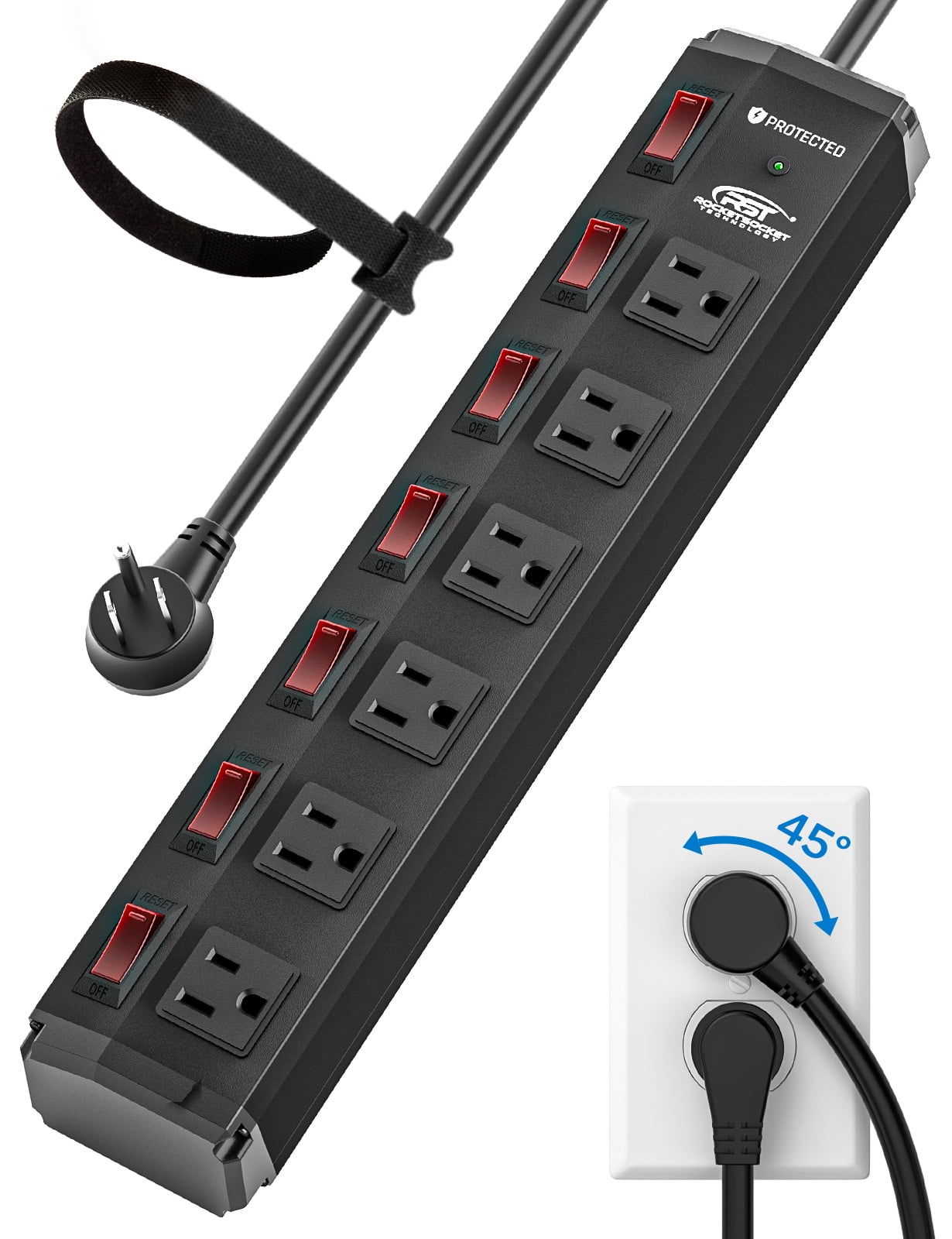 CRST Heavy Duty Metal Power Strip Surge Protector 6 Outlet Individual Switch with 45° Flat Plug 6FT 14AWG Extension Cord, Black