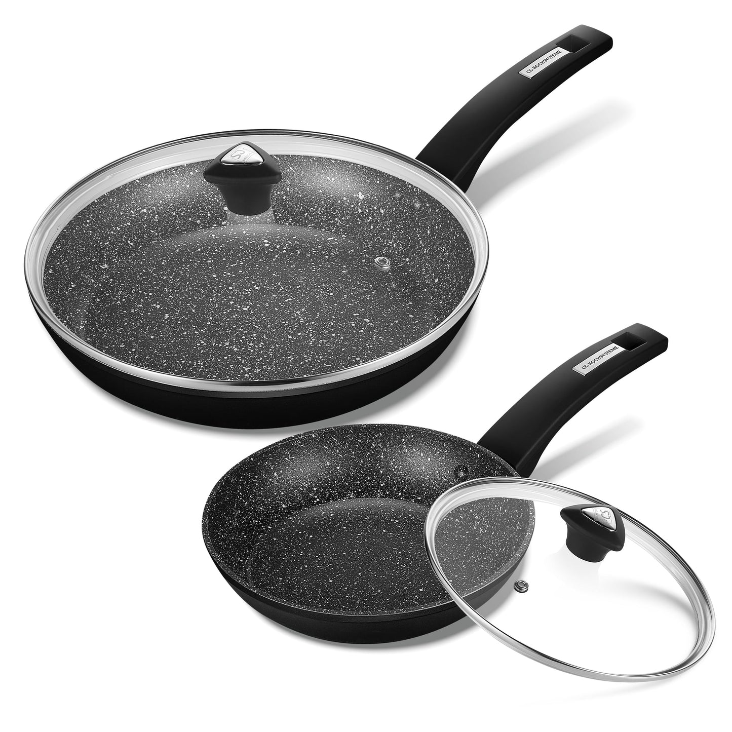 CS KOCHSYSTEME 8"+11" Nonstick Frying Cookware Sets with Lids - Frying Pan Sets with Granite Coating, Classic Skillet Chef's Pan Cookware, PFOA & APEO Free, Bakelite Handle, Induction Compatible