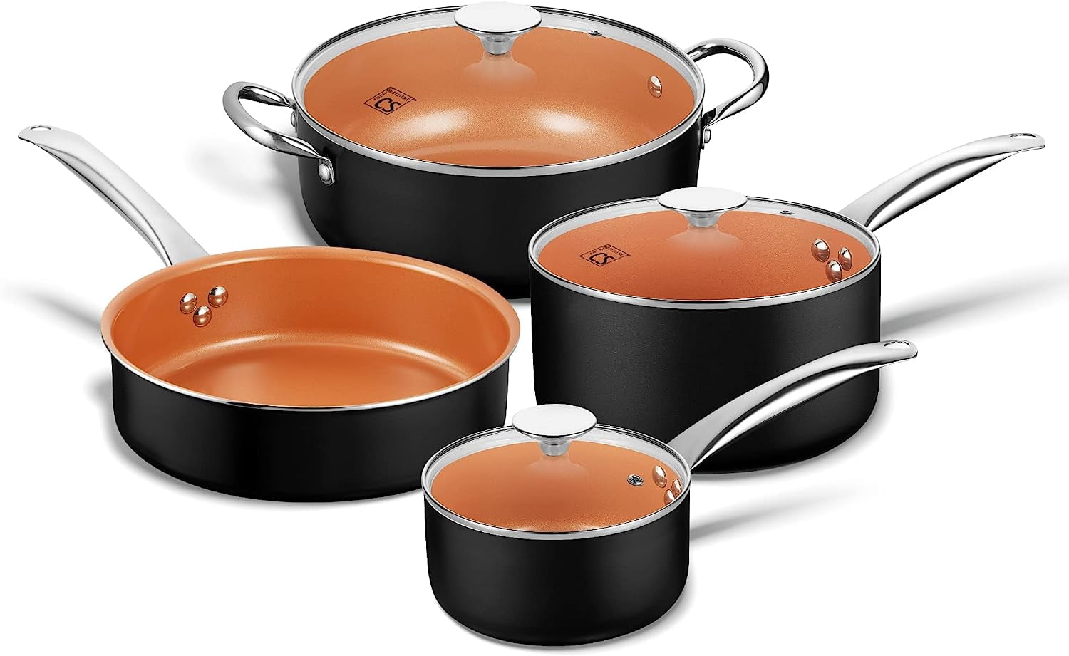 CS KOCHSYSTEME Copper Nonstick Cookware Set - Pans and Pots, All Stove Tops Compatible, Oven-Safe, Multi-Ply, Ceramic Coating, PTFE-free, PFOA-free, Stainless Steel Handle,