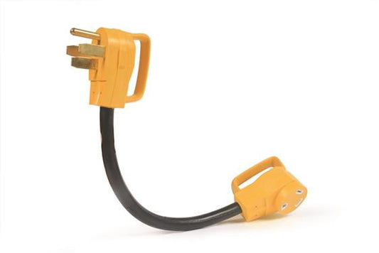 Camco Power Grip 18-inch 50 to 30-Amp Dogbone RV Electrical Adapter - 125 Volts 3750 Watts – 10/3-Gauge Wires, Yellow (55175)