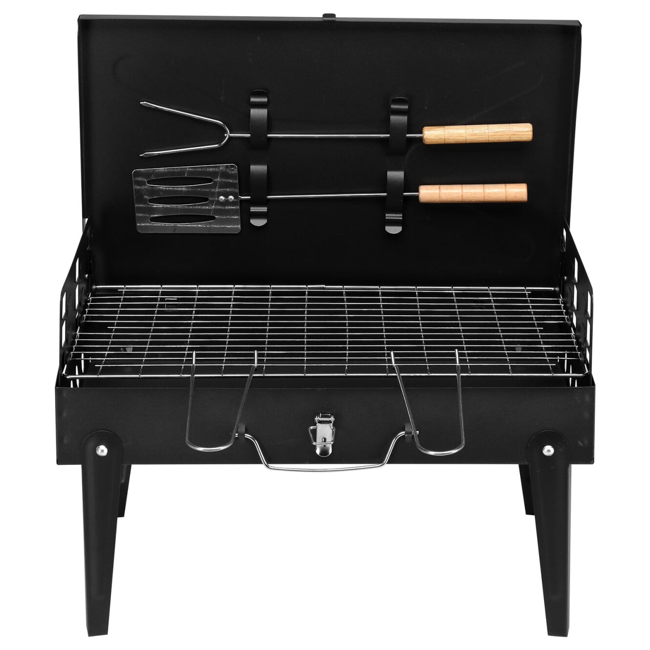 Camping Campfire Grill with Lid, Portable Folding Square Charcoal Grills, Adjustable Height Small BBQ Grill with Barbecue Spatula, Anti-scald Handle and Barbecue Spit for Outdoor Cooking, Bonfire