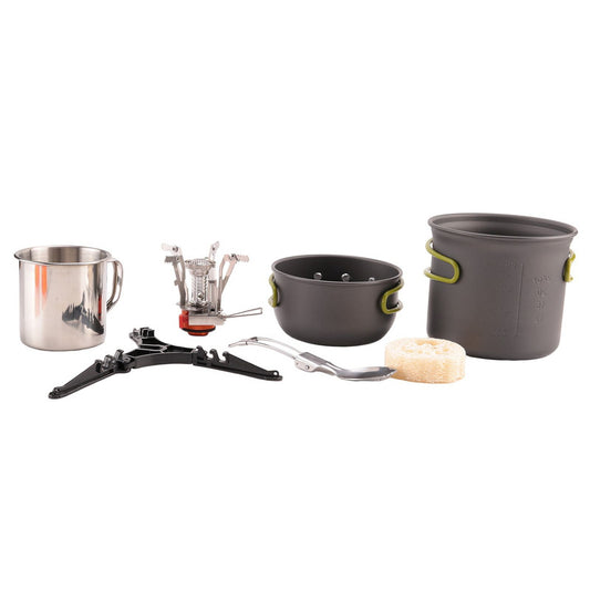 Camping Pot and Pan Set with Mini Backpacking Stove Cooking Gear for Outdoor Hiking Campfire Green