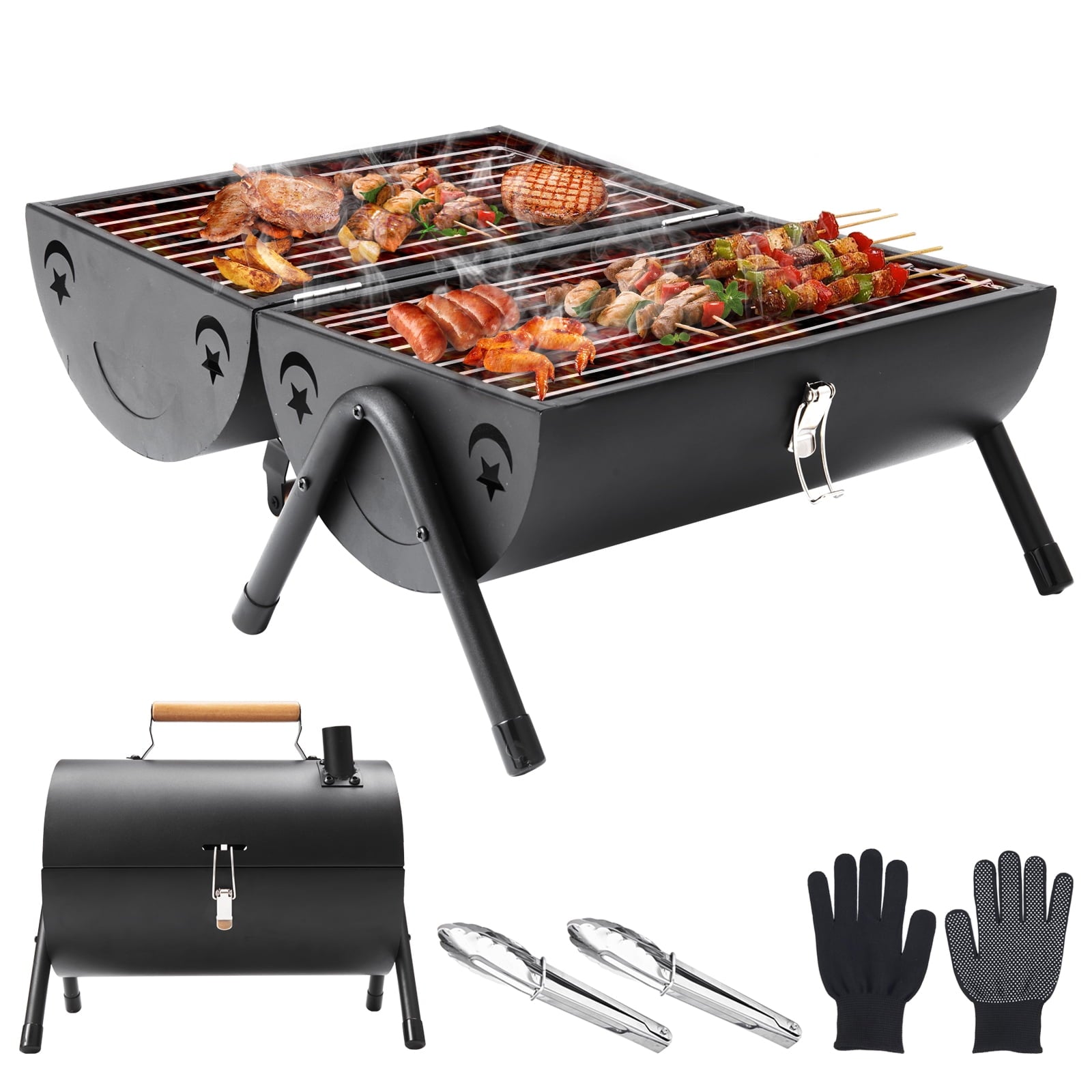 Capri Portable Charcoal Grill with Chimney, Small BBQ Grill Double Sided BBQ Area, Mini Tabletop Charcoal Barbecue Grill for Outdoor Camping Backyard Party BBQ Cooking, Easy to Carry and Assembly