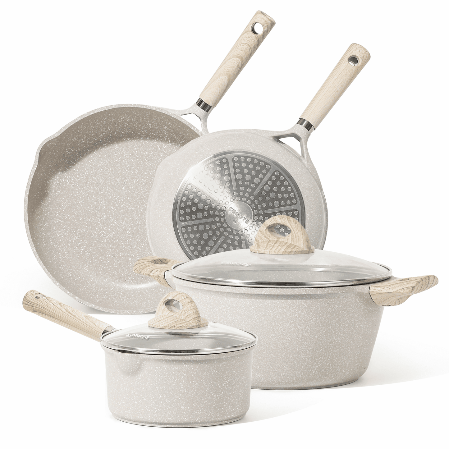 Carote Nonstick Pots and Pans Set, 6 Pcs Induction Kitchen Cookware Sets (Beige Granite)