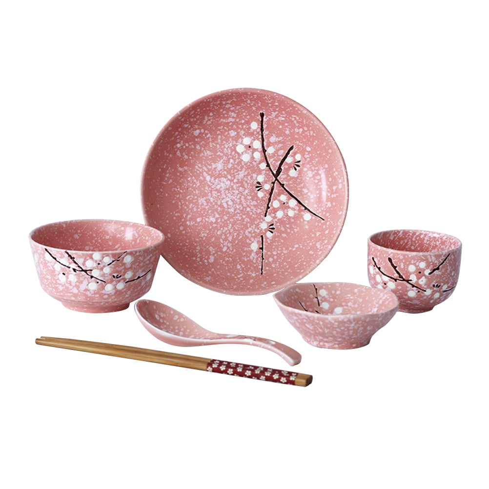 Ceramic Dishes Set, 6pcs Japanese Style Ceramic Tableware Set Household Cutlery Creative Ceramic Dinnerware Set (Pink)