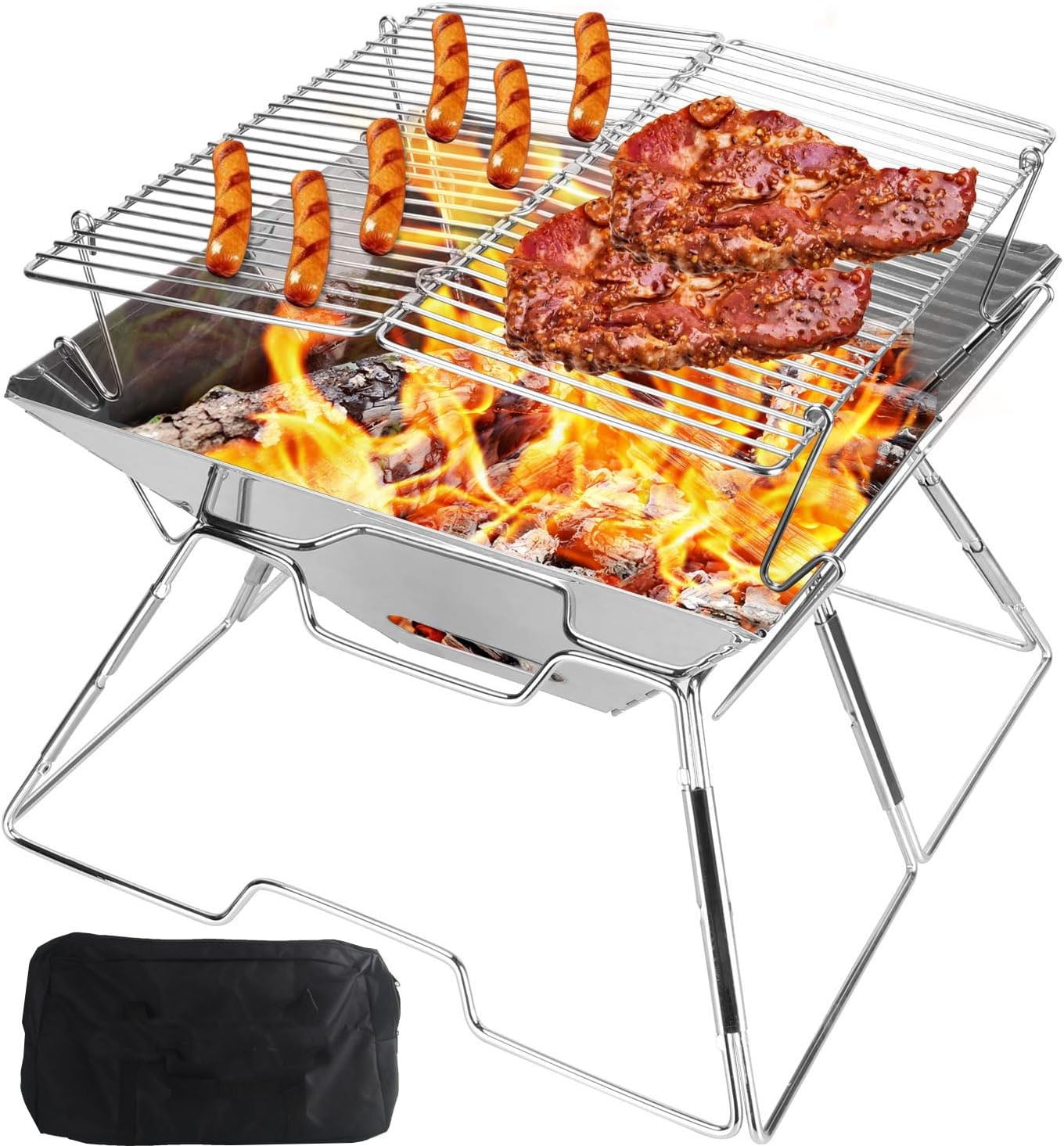 Charcoal Campfire Grill, Folding Quadrangle Barbecue Grill,Portable Stainless Steel Charcoal BBQ Stove for Home Party Outdoor Camping Picnic