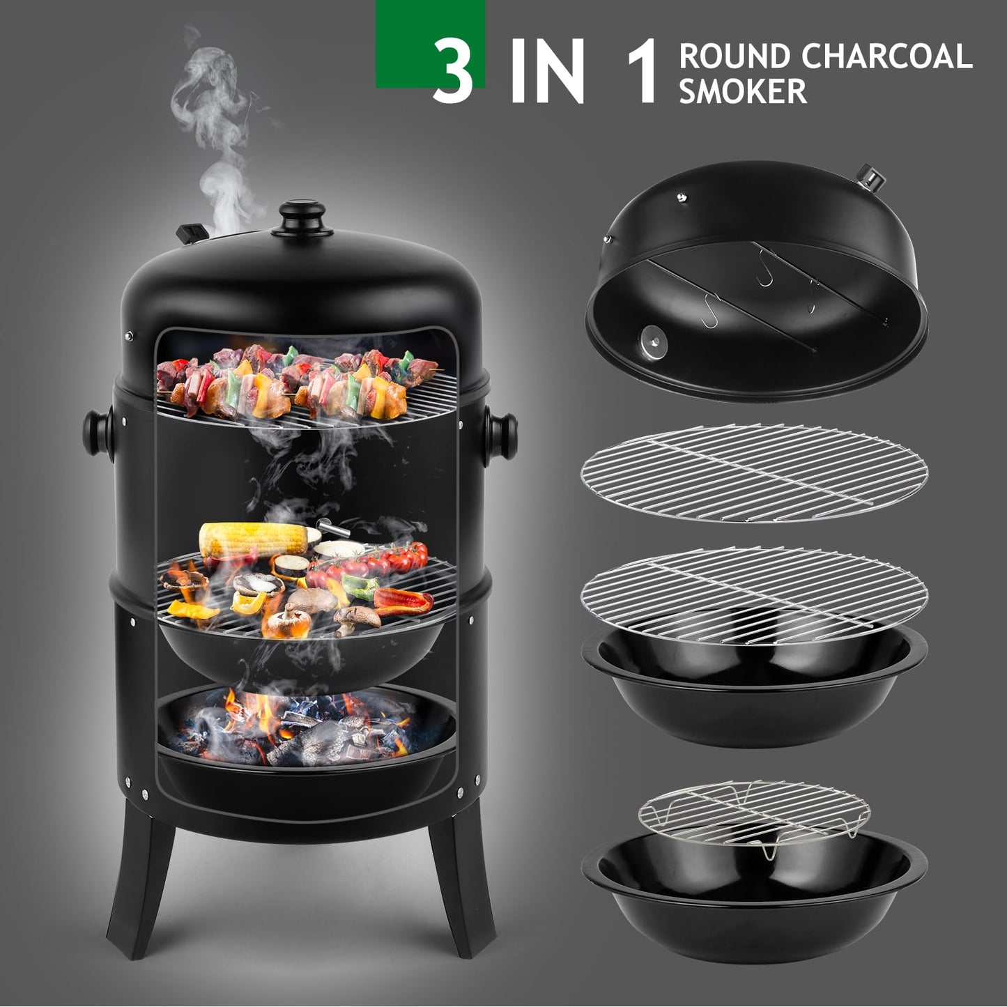 Seizeen Smoker Grill, 3-IN-1 BBQ Grill & Smoker & Fire Pit for Outdoor, Portable Charcoal Smoker with Detachable 2 Layer