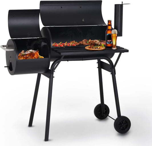 Charcoal Grills-Outdoor BBQ Grill Smoker with Wheels Side Fire Box Portable Barbecure Grill for Outdoor Cooking Backyard Camping Picnics,Black