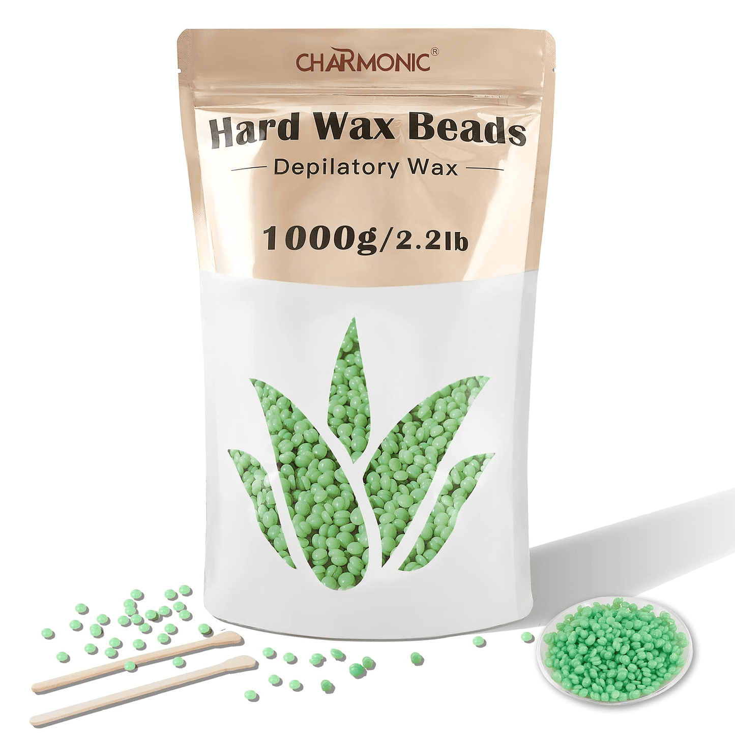 Charmonic 2.2lb/1000g Hard Wax Beads with Sticks, Depilatory Waxing Kits for Hair Removal(Green)