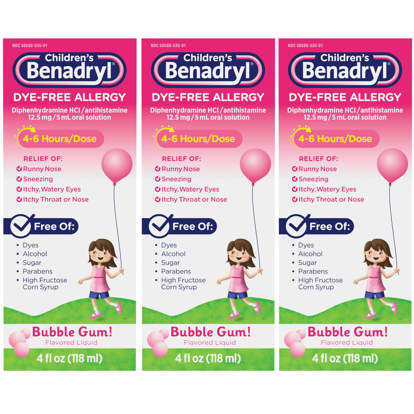 Children's Benadryl Dye-Free Allergy Liquid, Bubble Gum Relieves Symptoms Due to Upper Respiratory Allergies, Including Runny Nose, Sneezing and Itchy Nose , 4 fl. Oz ( Pack of 3)