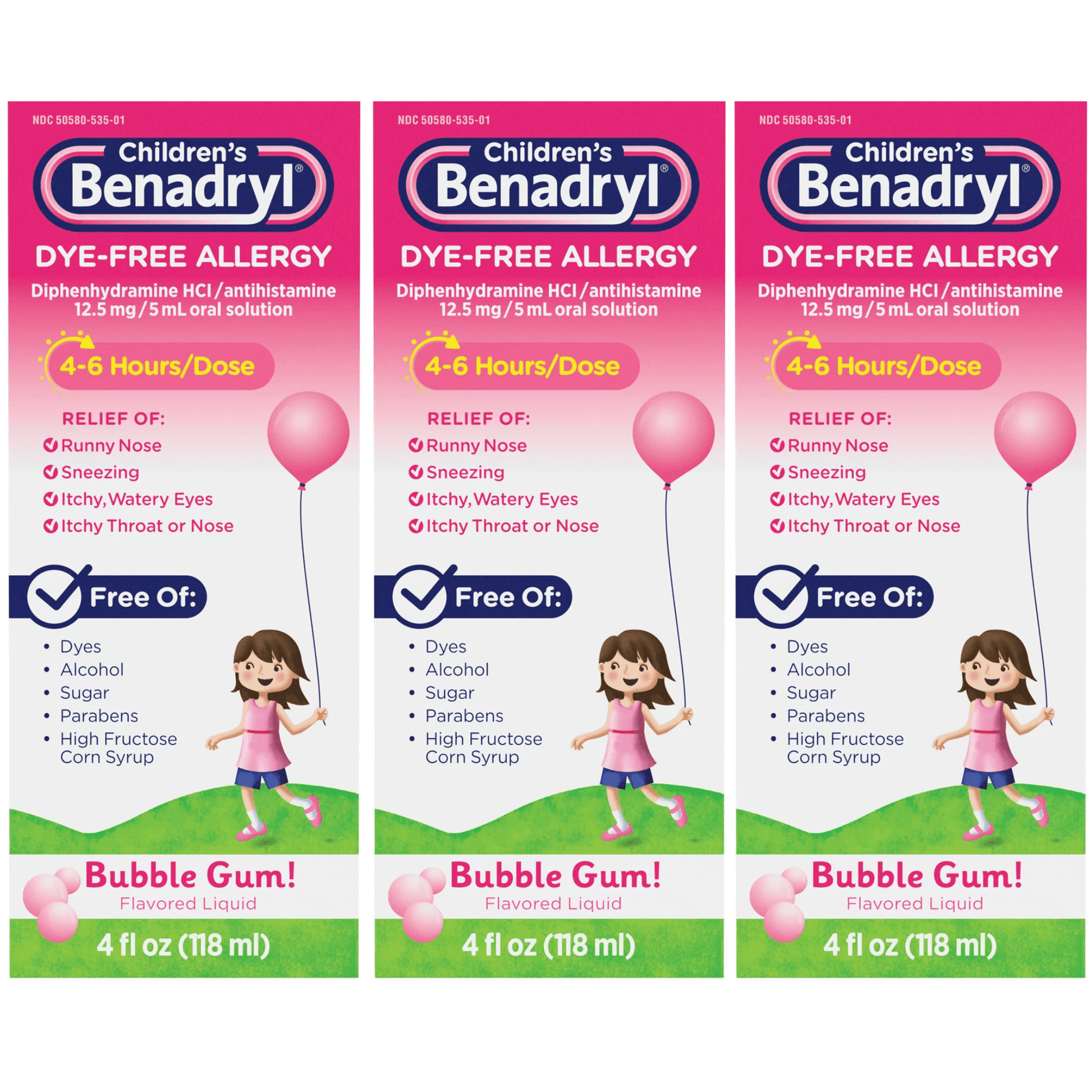 Children's Benadryl Dye-Free Allergy Liquid, Bubble Gum Relieves Symptoms Due to Upper Respiratory Allergies, Including Runny Nose, Sneezing and Itchy Nose , 4 fl. Oz ( Pack of 3)